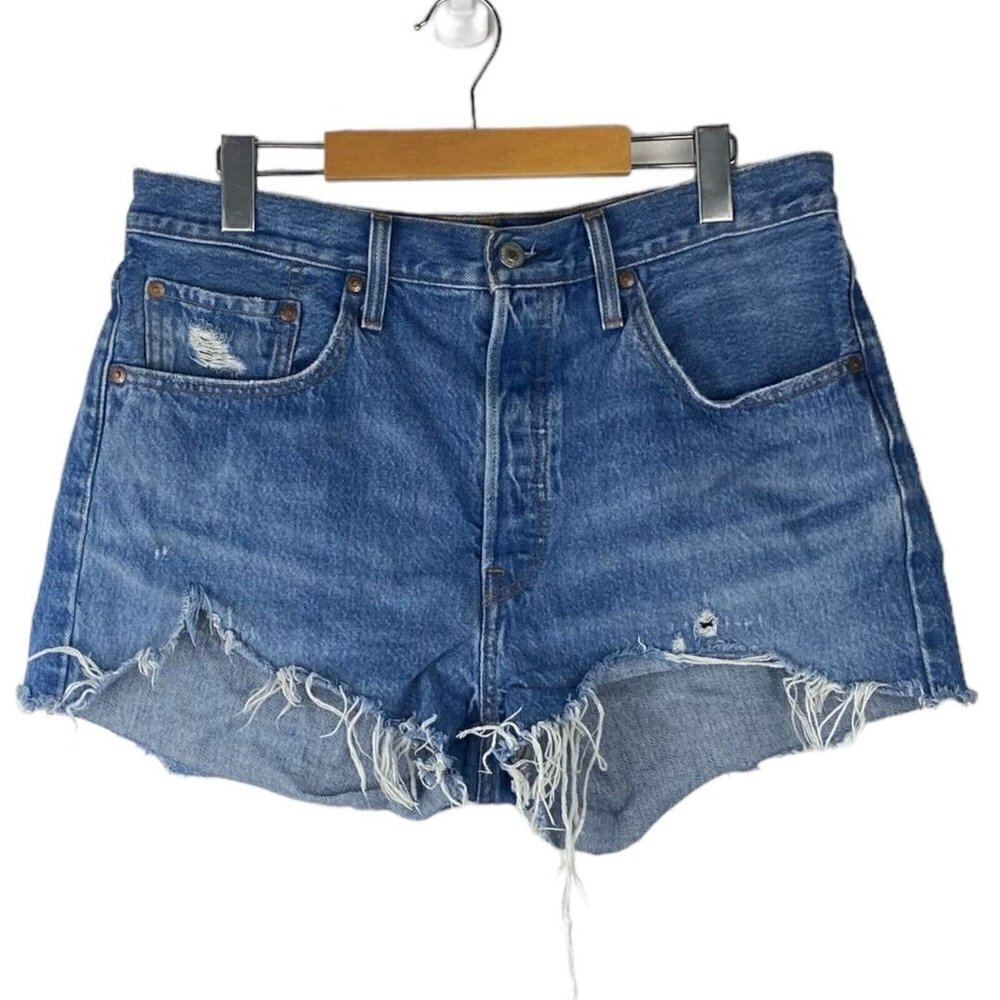 Levis Womens 501 Original High Rise Destroyed Cut Off Blue Jean Shorts US 31